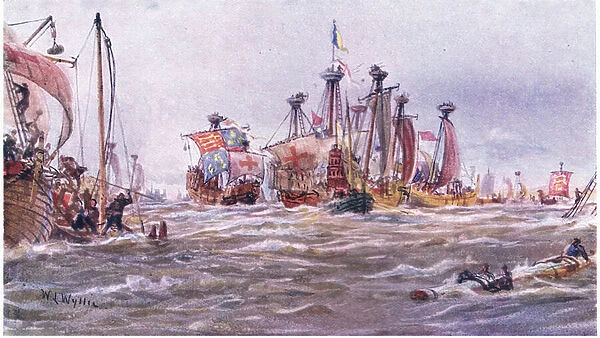 Battle of Sluys 1340 AD, 1915 (colour litho)
