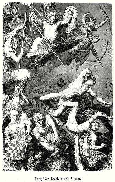 Battle between the Titans and the children of Cronos in Greek mythology (engraving)