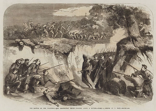 The Battle on the Volturno, the Neapolitan Troops passing along a Ravine (engraving)