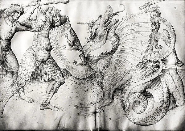 Battle between warriors and a dragon, c. 1450 (ink on vellum)