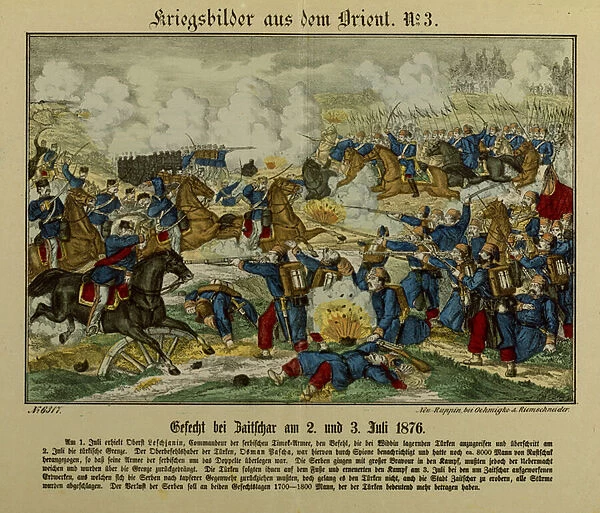 Battle at Zajecar, 2-3 July 1876, during the First Serbo-Ottoman war (1876-77), Neuruppiner Bilderbogen, 1876 (colour litho)
