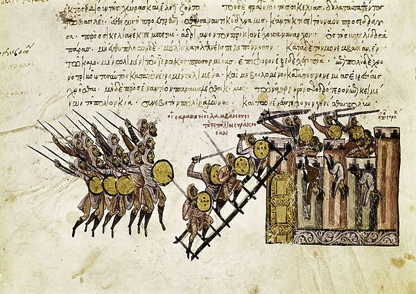 Battles between Muslims and Byzantines in Syracuse, Sicily, in 878, under the rule of Emperor Theophile, miniature from 'Synopsis historiarum', c. 1126-1150, 12th century (illuminated manuscript)