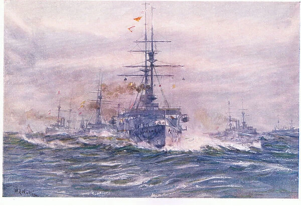 Battleships of the White Era at sea, 1915 (colour litho)