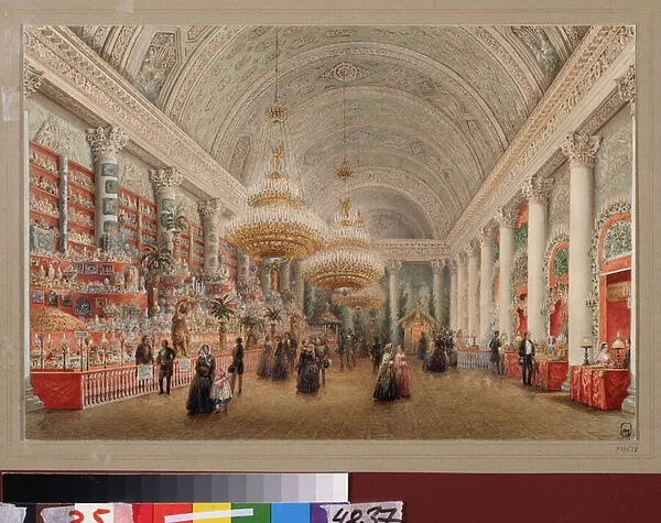 Bazar de charite dans la salle de banquet du palais Ioussoupov a Saint Petersbourg. Oeuvre de Vasily Semyonovich Sadovnikov (1800-1879), aquarelle sur papier. Art russe, 19e siecle. State Russian Museum, Saint Petersbourg