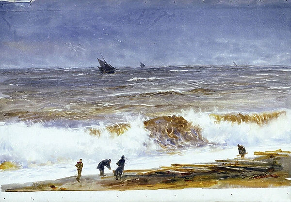 The beach of Berck sur mer (Berck-sur-Mer) (France), with turbulent seas and characters on the beach. Watercolor, after 1890, by William Lionel Wyllie (1851-1931)
