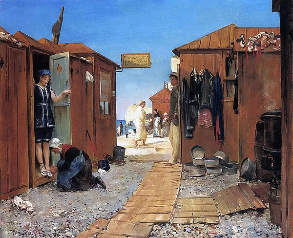 Beach Cabins at Etretat, France, 1881 (oil on canvas)