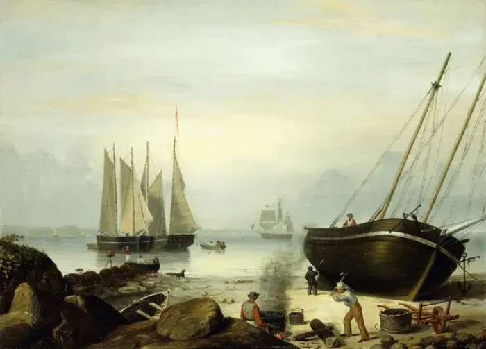 Framed Print : Beached for Repairs, Duncans Point, Gloucester, 1848 (oil on canvas)