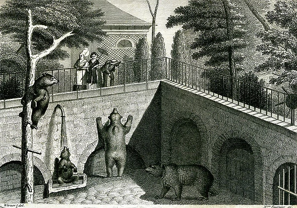 Bear den in a zoo, 1867 (engraving)