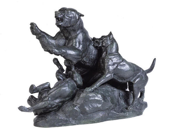 Bear fleeing from dogs (bronze)