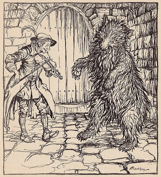 When the bear heard the music he could not help beginning to dance. Illustration by Arthur Rackham from Grimm's Fairy Tale, The Cunning Little Tailor
