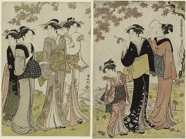 Beauties Under a Maple Tree, from the series 'A Collection of Contemporary Beauties of the Pleasure Quarters, 1779-89 (colour woodblock print;oban diptych)