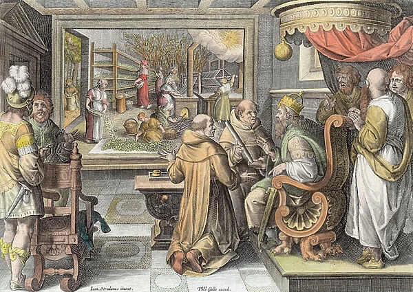 The Beginning of the Silk Industry in Europe, plate 9 from Nova Reperta