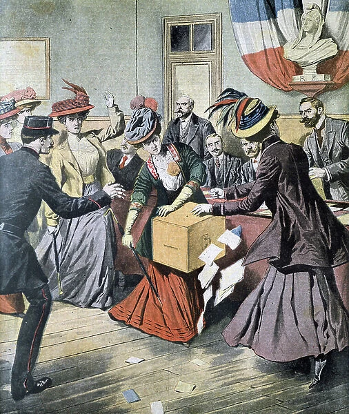 Belgian Suffragettes upsetting ballot boxes, 1908 (print)