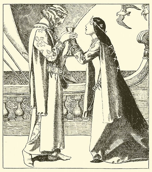 Belle Isoult and Sir Tristram drink the love draught (litho)