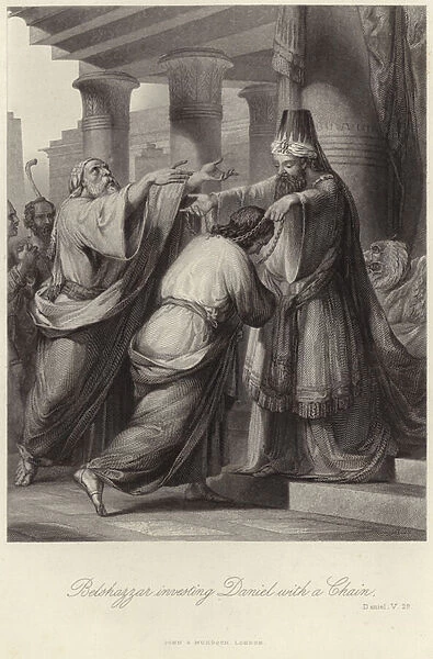 Belshazzar investing Daniel with a chain (engraving)