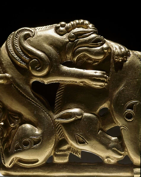 Belt fibule depicting a griffin attacking a horse, detail. From Chiliktin
