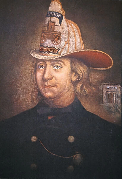 Benjamin Franklin wearing the uniform of the Union Fire Company which he founded in