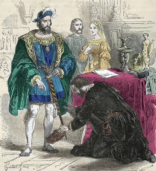 Benvenuto Cellini at the feet of King Francois I presents him with a basin and an aquamarine, 16th century (engraving)