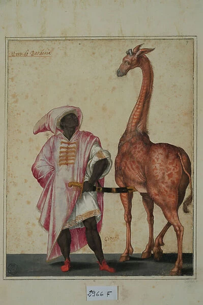 Berber with a giraffe (tempera on paper)