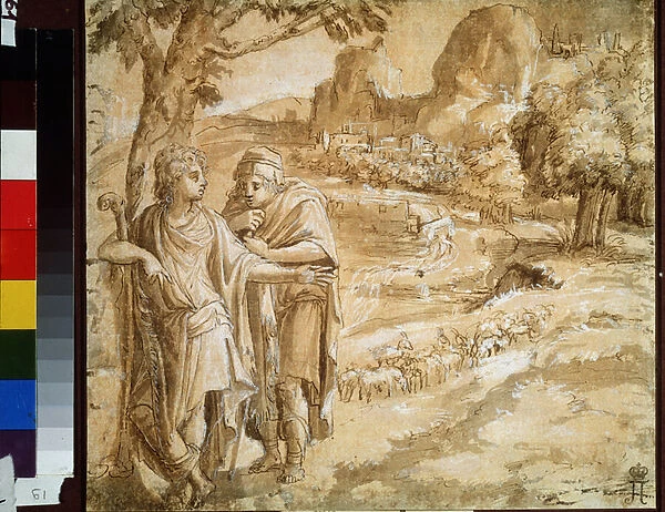'berger et pelerin dans un paysage'(Shepherd and pilgrim in a landscape) Aquarelle et encre de Pirro Ligorio (1510-1583) 1550 environ Musee Pouchkine, Moscou