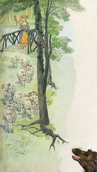 Bergere keeping his sheep (sheep and beliers) in the countryside, under the threatening gaze of a wolf - Illustration by Job (Jacques Marie Gaston Onfroy de Breville) (1858-19131) for the book 'La Cantiniere' by G. Montorgueil, circa 1900