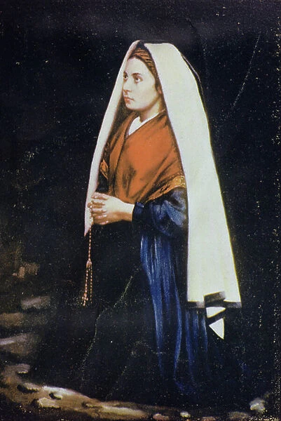 Bernadette Soubirous, from a late 19th century painting (tinted photo mounted on card)
