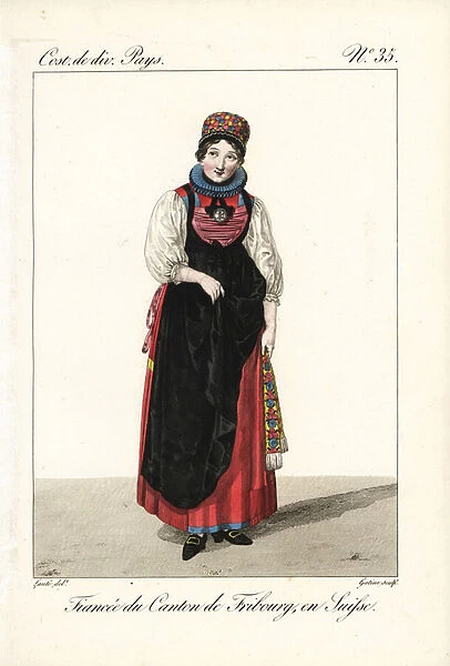 Betrothed girl of the Canton of Fribourg, Switzerland, 19th century. She wears a colourful cap, ruff, bodice, chemise, apron and petticoats. On her bosom is a gold box called a lamb of god