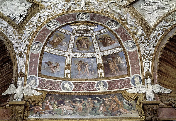Bezel from the ceiling of the Hall of the Eagles of the Palace of the Te in Mantua, (Palazzo del Te, Mantova). Fresco by Giulio Pippi de' Jannuzzi known as Giulio Romano (Julius Romano) (1492 / 1499-1546) 1528