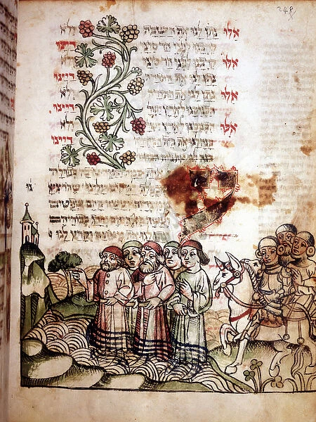 Bible scene: Jews cross the Red Sea. Page of a Machazor, book of prayer in Hebrew