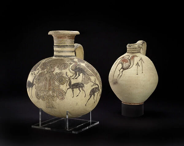 Bichrome IV barrel-shaped Cypro-Phoenician jug, and Phoenician vase with sacred tree