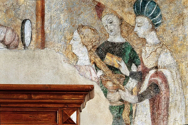 Bicocca degli Arcimboldi: 15th century fresco, detail of women combing their hair (fresco)