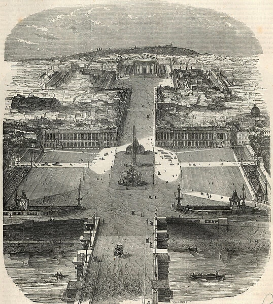 Bird view of Place de la Concorde, rue Royale with the church of the Madeleine