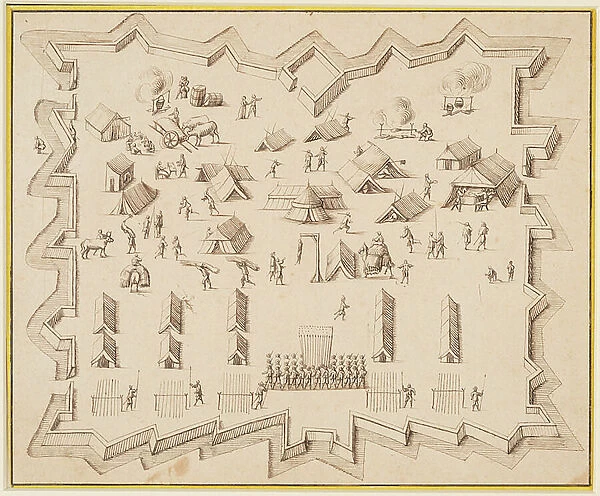 Bird's-eye-view of a military camp with fortifications, 1684 (pen and brown ink on paper)