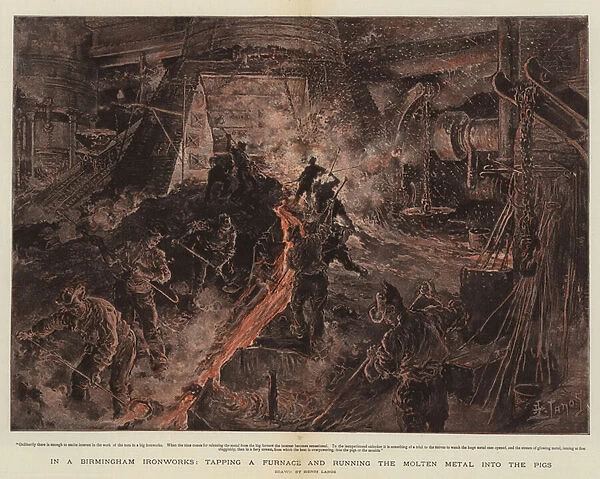 In a Birmingham Ironworks, Tapping a Furnace and Running the Molten Metal into the Pigs (chromolitho)