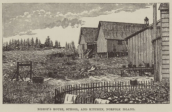 Bishops house, school, and kitchen, Norfolk Island (engraving)