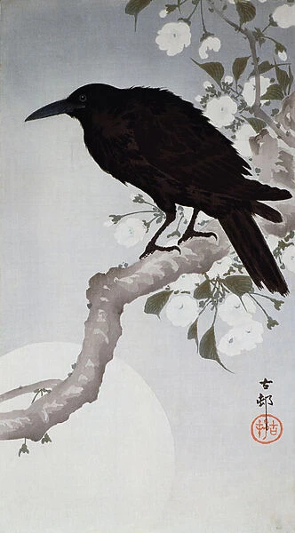 A Black Bird on a bough in the moonlight, (colour woodblock print)