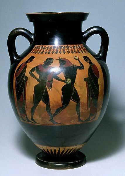 Black-figure amphora depicting Theseus Attacking the Minotaur, c. 520 BC (earthenware)