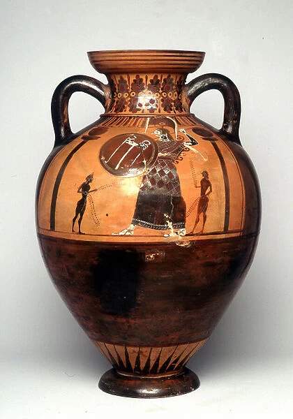 Black figure vase depicting Athena brandising a shield and spear, 550 BC (ceramic)
