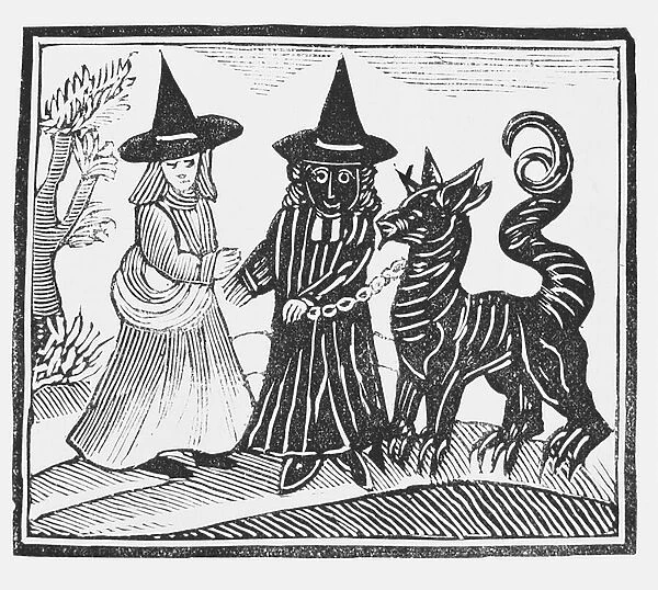 A Black and a White Witch with a Devil Animal, illustration from a collection of