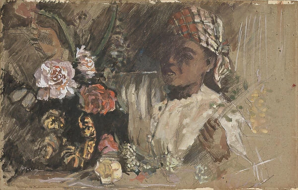 Black woman with peonies, c. 1870 (w  /  c, gouache, chalk & graphite on card)