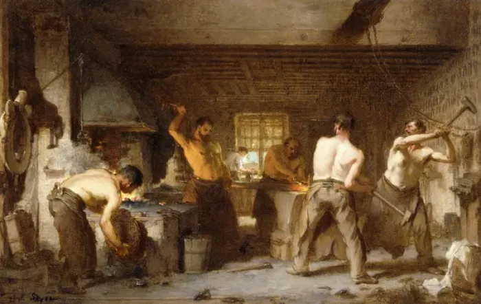 Framed Print : The Blacksmiths Forge, (oil on panel)