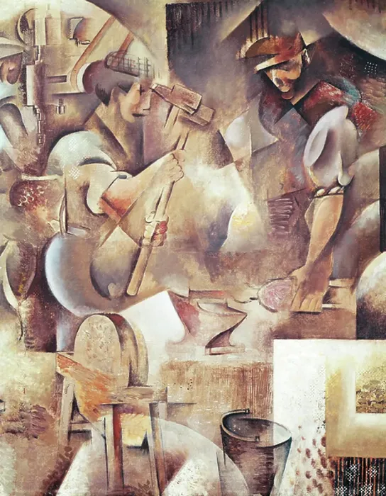 Framed Print : Blacksmiths at work, detail from La Forge, 1911, painting by Wladimir Baranoff Rossine (1888-1944), oil on canvas, 172x210 cm, oil on canvas Framed Print : Blacksmiths at work, detail from La Forge, 1911, painting by Wladimir Baranoff Rossine (1888-1944), oil on canvas, 172x210 cm, oil on canvas