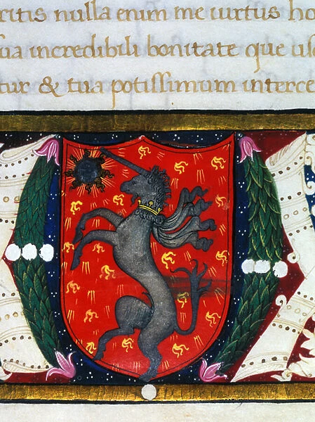 Blazon decorates a unicorn, a star on a red background. Detail of a miniature