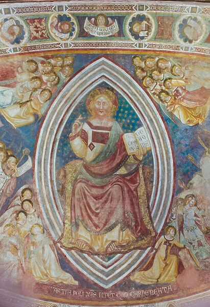 Blessing Christ in majesty within the almond and holding the book with the words 'pacem meam do vobis'in his left hand, apse (fresco)