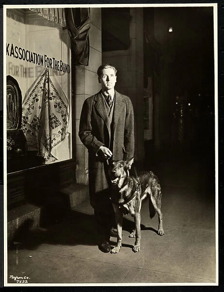 Blind man and his guide dog on the sidewalk in front of the New York Association for