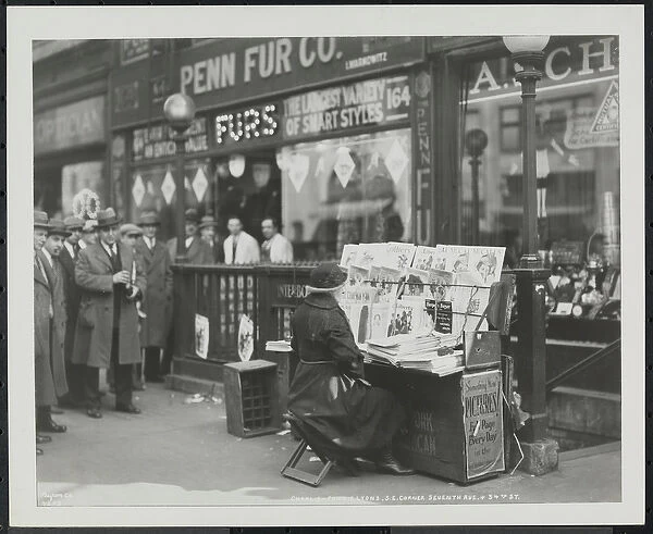 Blind news dealer, Fannie Lyons, at her stand at the south east corner of 7th Avenue