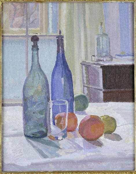 Blue and Green Bottles and Oranges (oil on canvas)