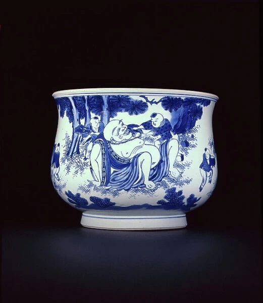 Blue and white incense burner painted with Budai and playing boys, Chongzheng, 1630-44 (porcelain)