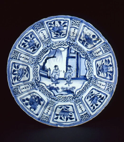 Blue and white kraak dish painted with dignitaries, Wanli or Chongzheng, 1615-40 (porcelain)