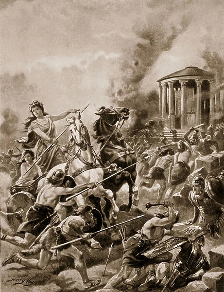 Boadiceas attack upon Camulodunum, 60AD, illustration from